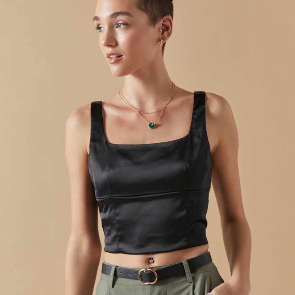 NWT Francesca’s Valerie Square Neck Satin Top Black XS
